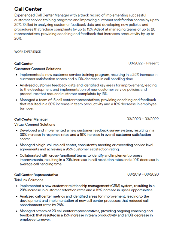 call center cv