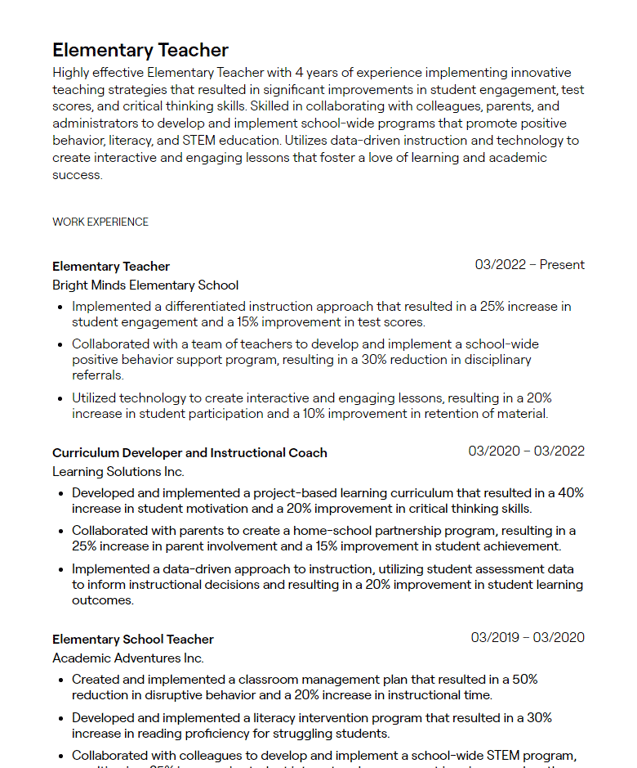 elementary teacher cv