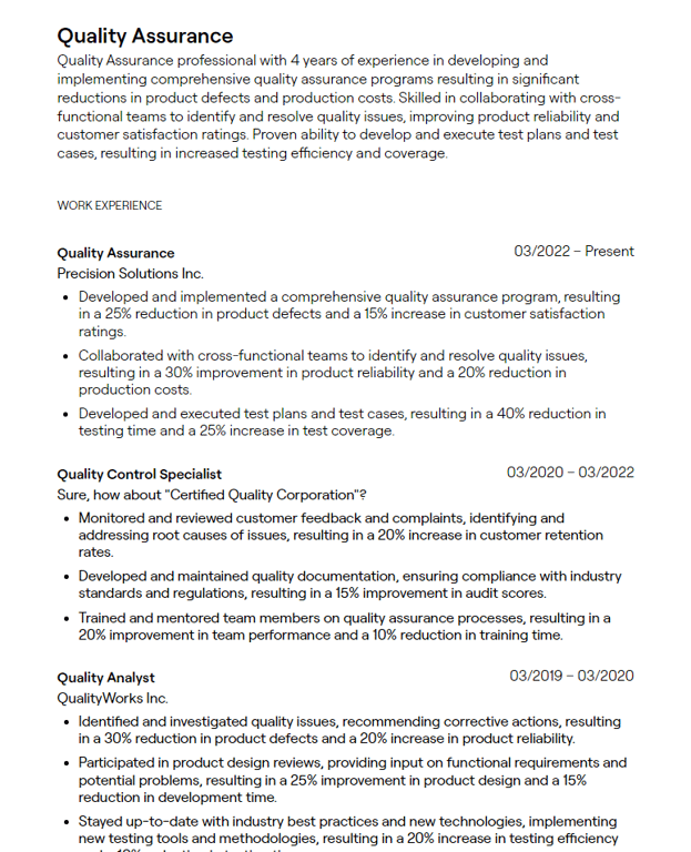 quality assurance cv