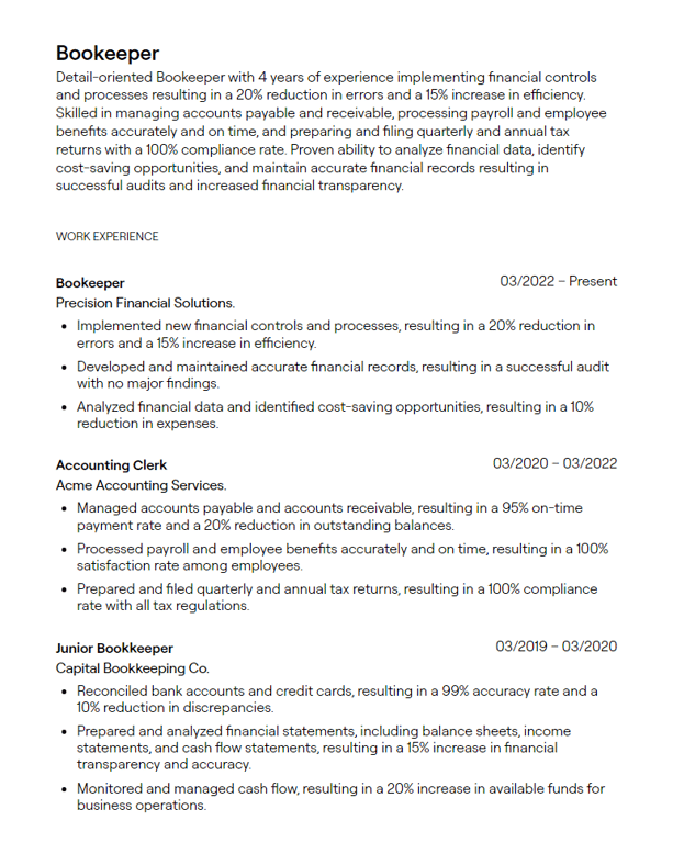 bookkeeper cv