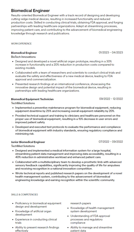 biomedical engineer cv