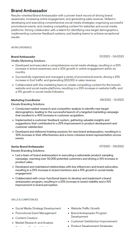 brand ambassador cv