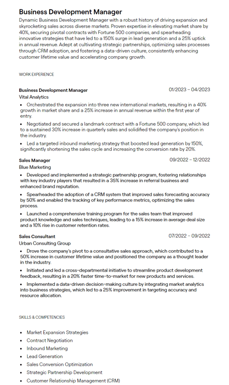 business development manager cv