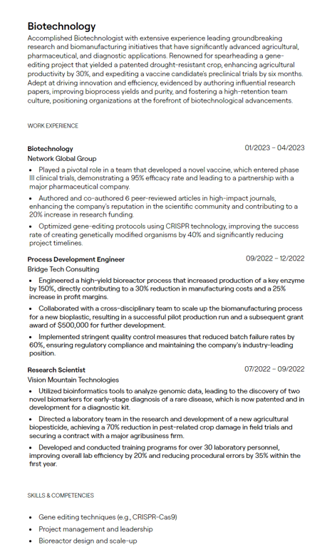 biotechnology cv