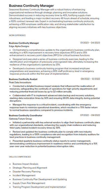 business continuity manager cv
