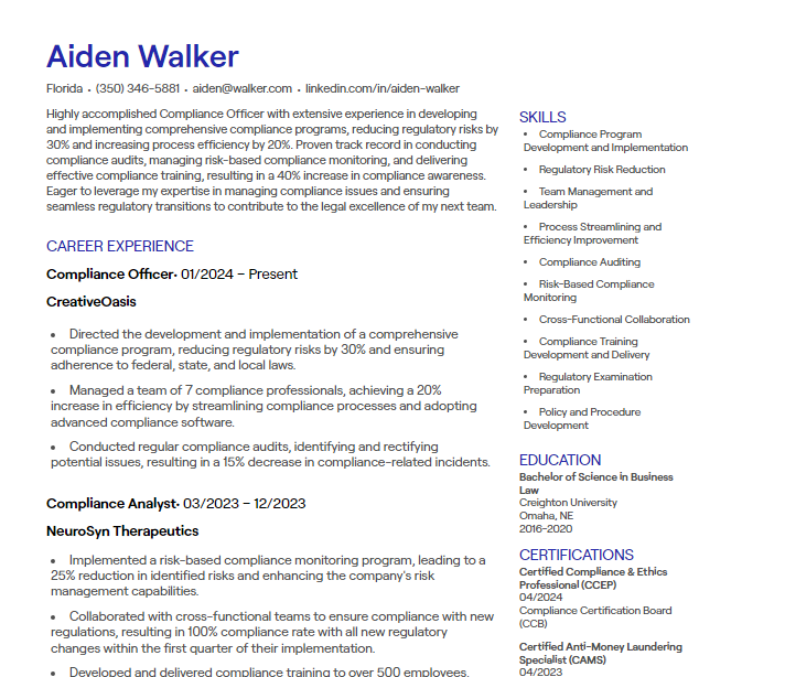 compliance officer cv