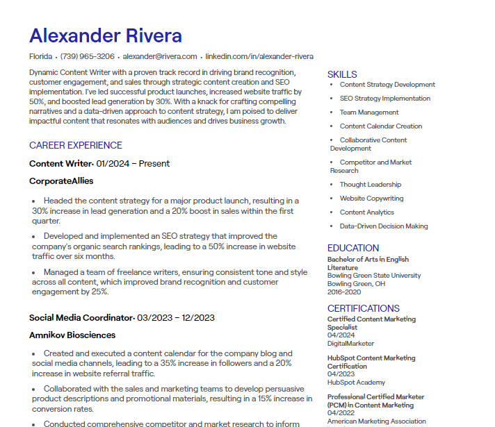 content writer cv