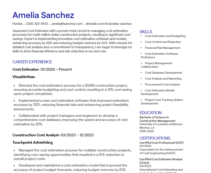 cost estimator cv