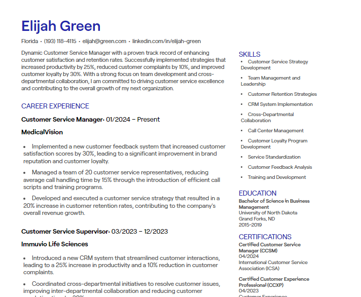 customer service manager cv