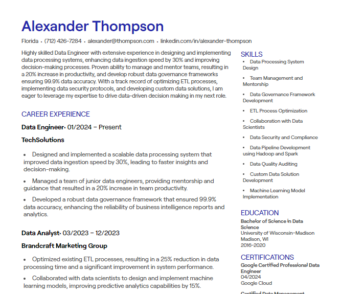 data engineer cv