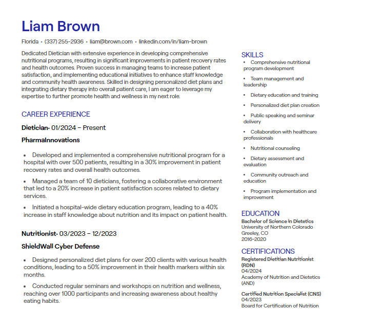 dietician cv