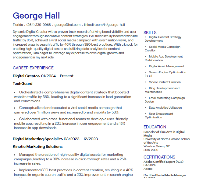 digital creator cv