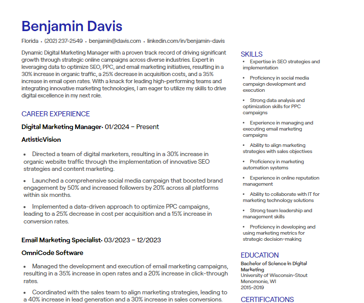digital marketing manager cv