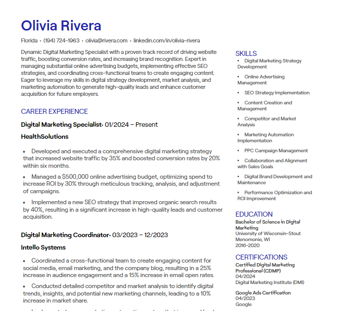 digital marketing specialist cv