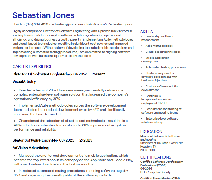 director of software engineering cv