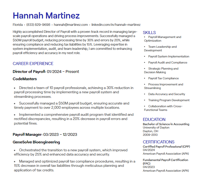 director of payroll cv