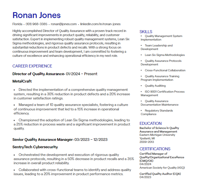 director of quality assurance cv