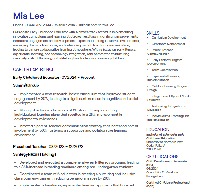 early childhood educator cv