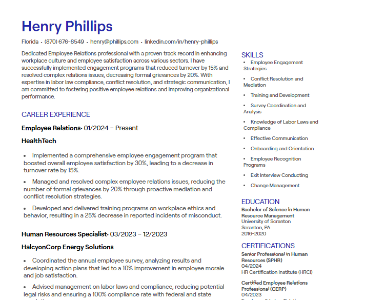 employee relations cv