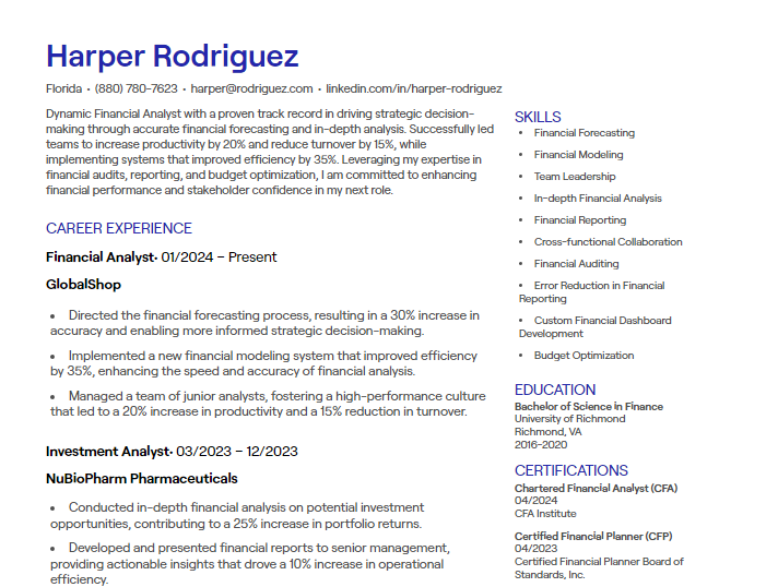 financial analyst cv