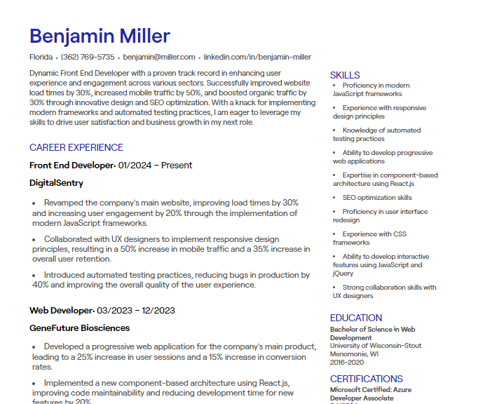 front end developer cv