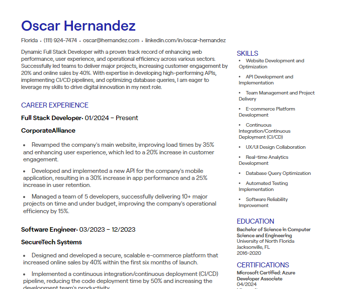 full stack developer cv