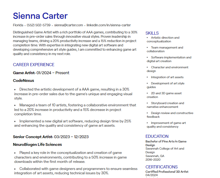 game artist cv
