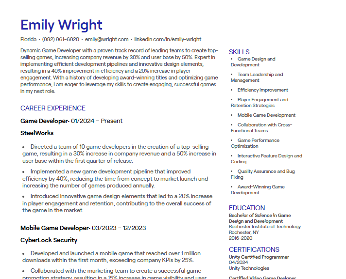 game developer cv