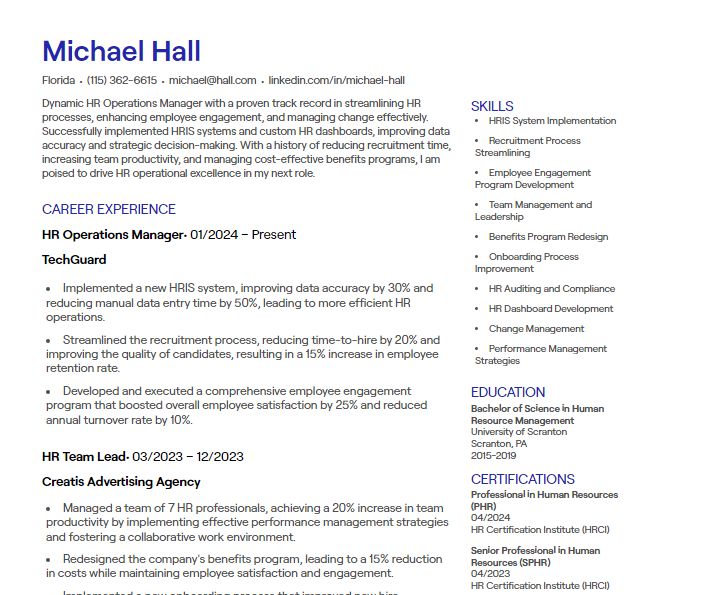 hr operations manager cv