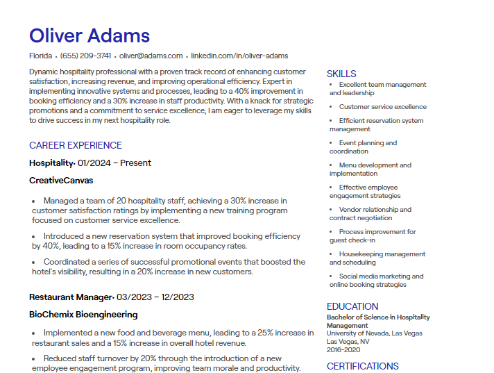 hospitality cv