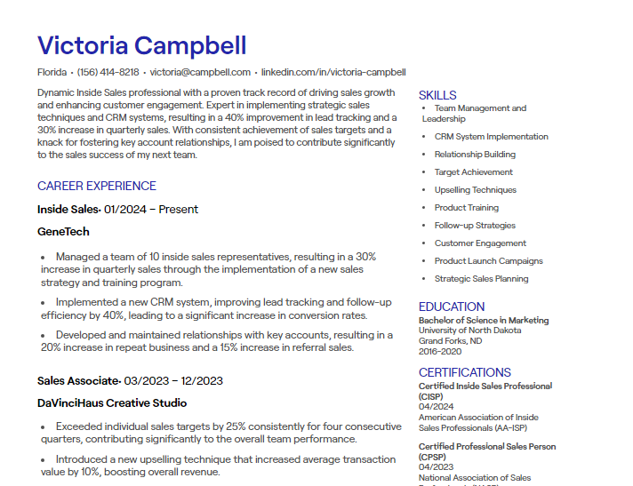 inside sales cv