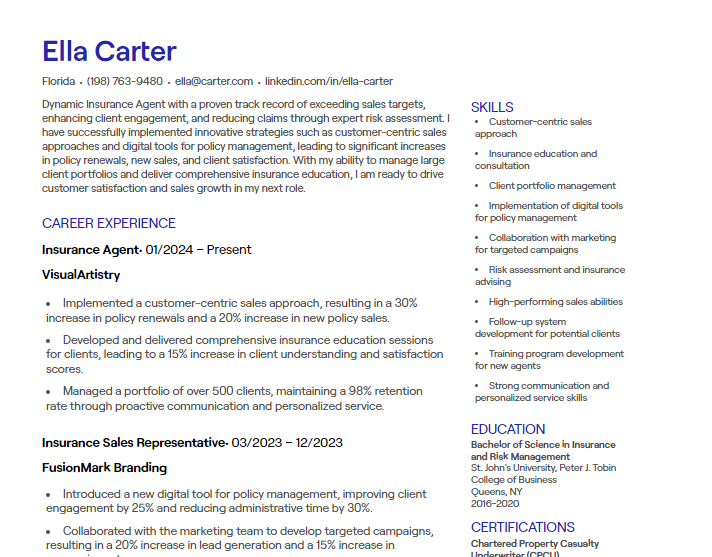 insurance agent cv