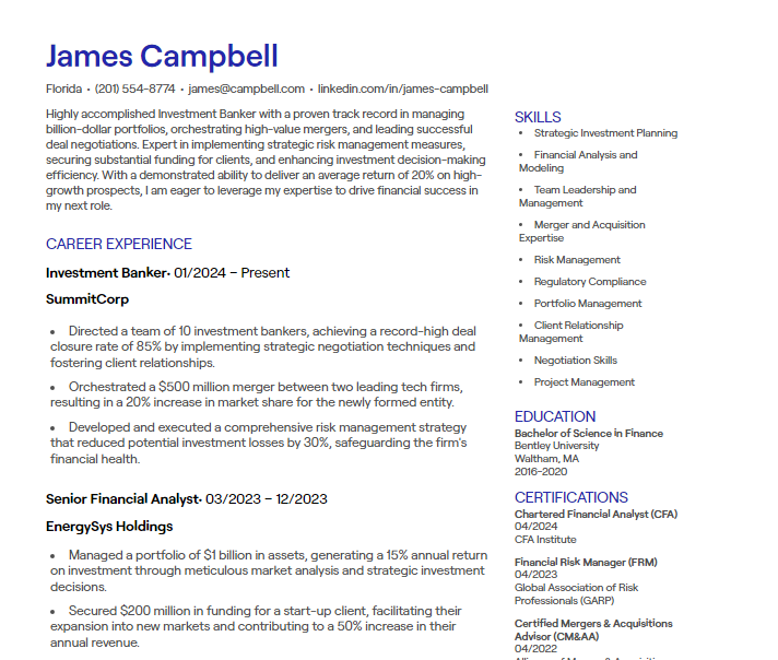 investment banker cv