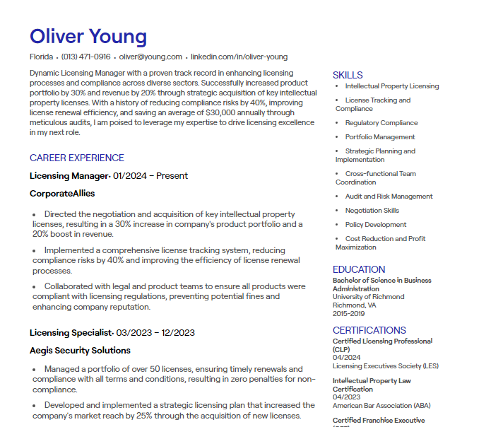licensing manager cv