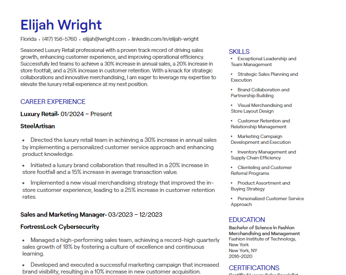 luxury retail cv