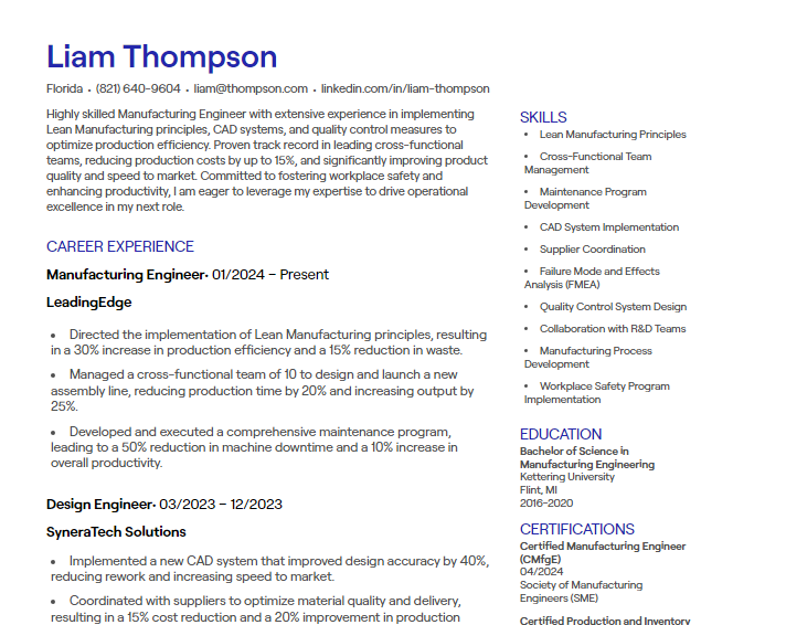 manufacturing engineer cv
