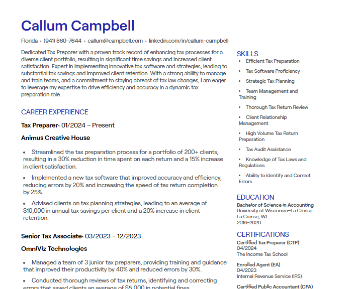 tax preparer cv