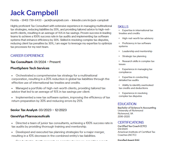 tax consultant cv