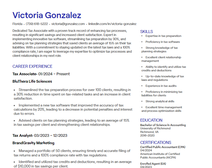 tax associate cv
