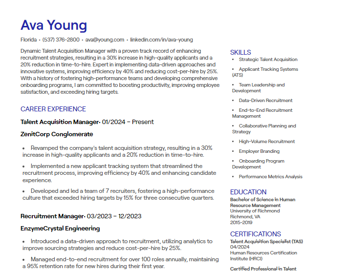 talent acquisition manager cv