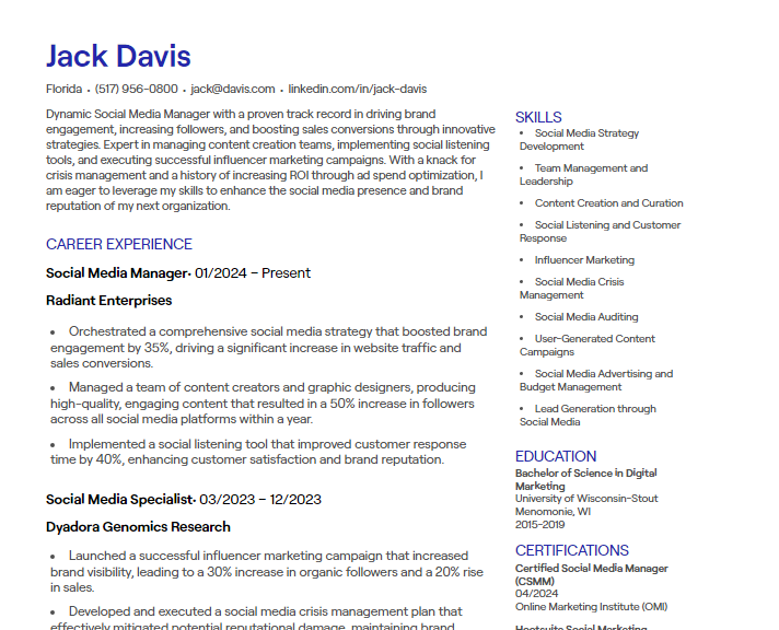 social media manager cv