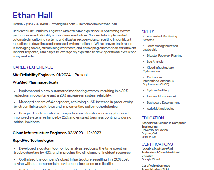 site reliability engineer cv
