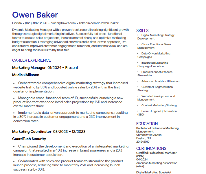 marketing manager cv