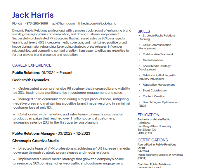 public relations cv