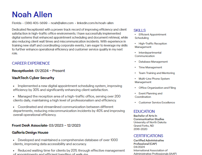 receptionist cv