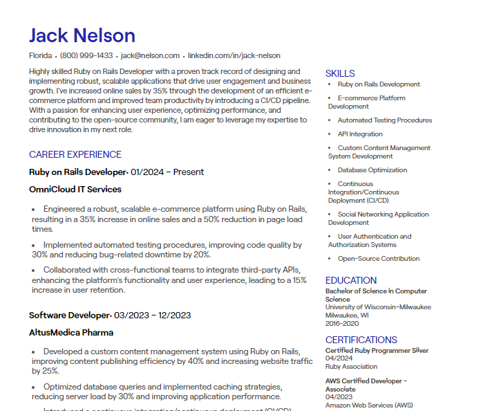 ruby on rails developer cv
