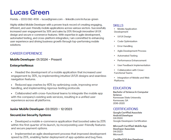 mobile developer cv