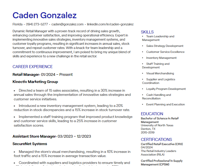 retail manager cv