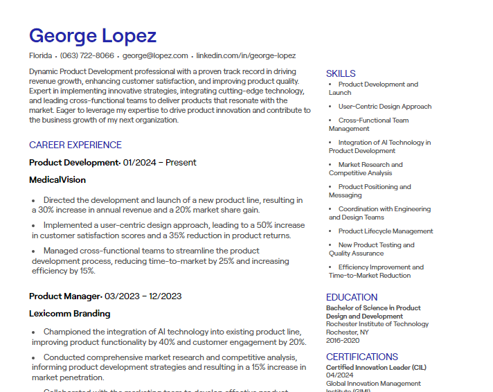 product development cv