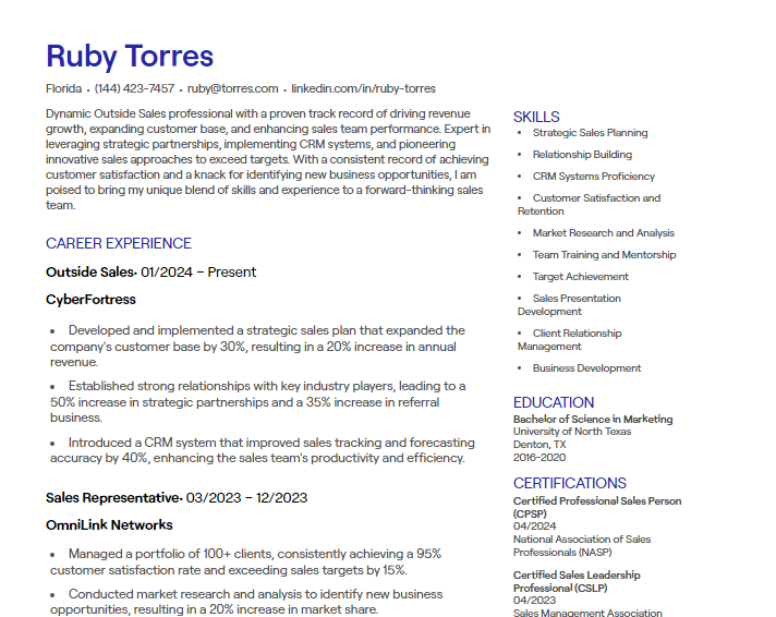 outside sales cv